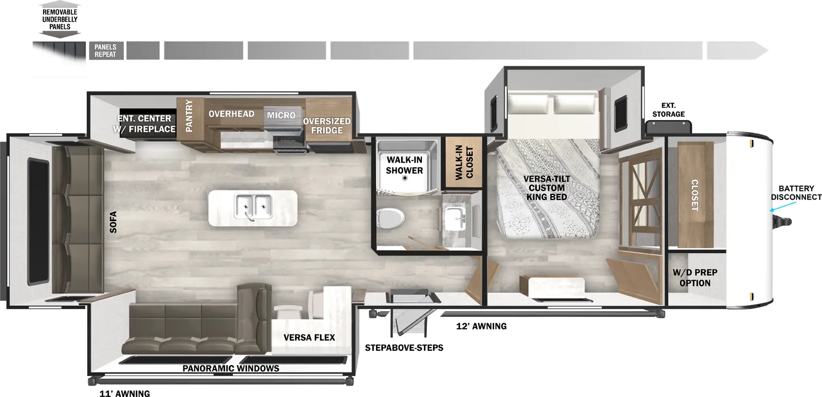 The Salem 32RET has one entry and three slide outs. Exterior features include: metal or fiberglass exterior and 11' & 12' awning. Interiors features include: kitchen island, front bedroom and rear living.